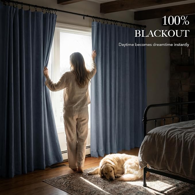 RYB HOME Smoky Blue 100% Blackout Linen Curtains 72 Inch Long - Image 2