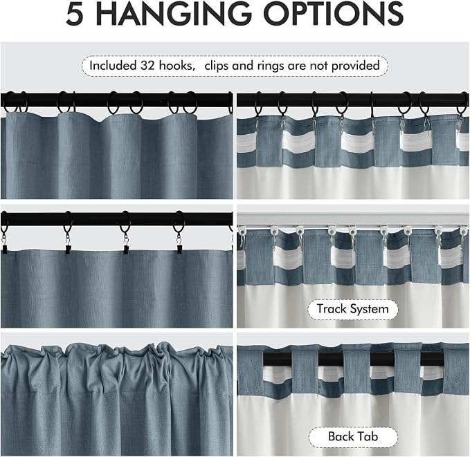 MIULEE 100% Blackout Back Tab Pleat Linen Curtains 50" Wx96 L, Stone Blue | 2 - Image 6