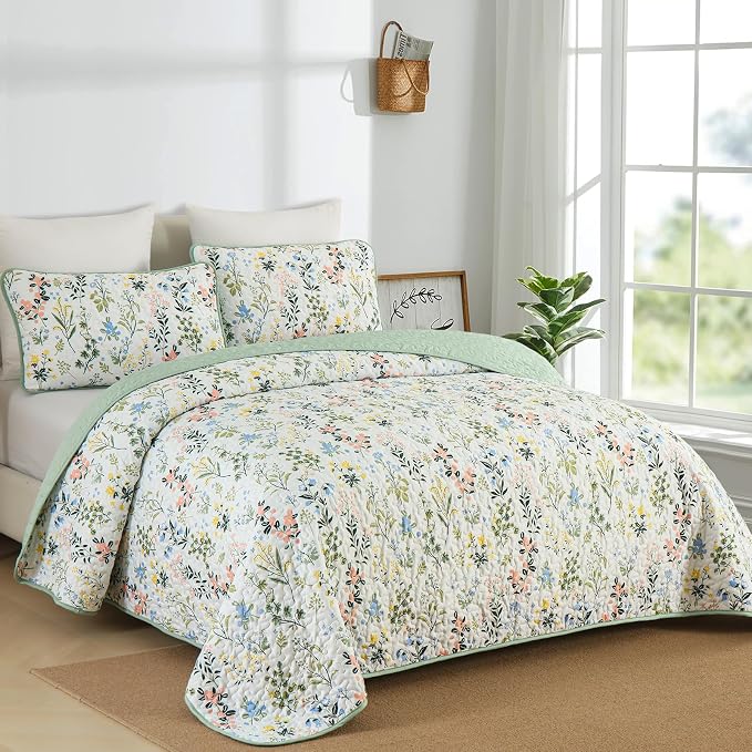 Anibedding Floral Quilt Set Queen Size Green Print Bedspread Coverlet Set | - Image 2