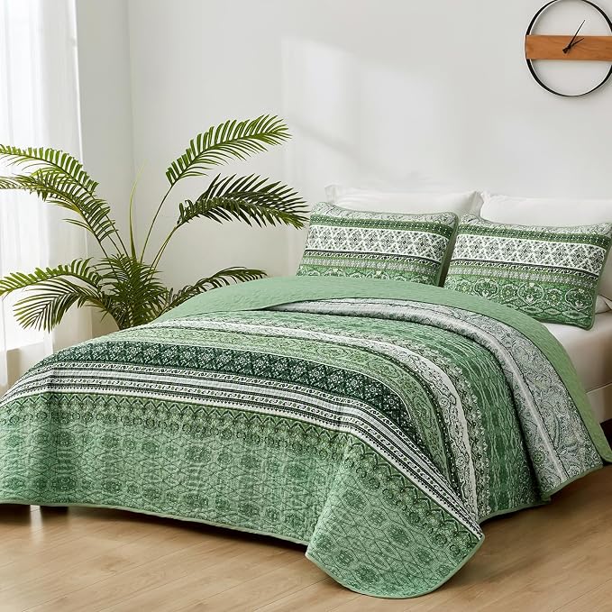 WONGS BEDDING Boho Quilt Set Full Size, Light Green Bohemian Full Quilt Bedding - Image 2