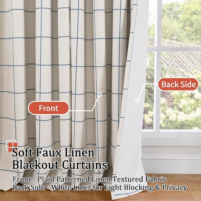 Navy Blue Plaid Linen Blackout Curtains - Image 3