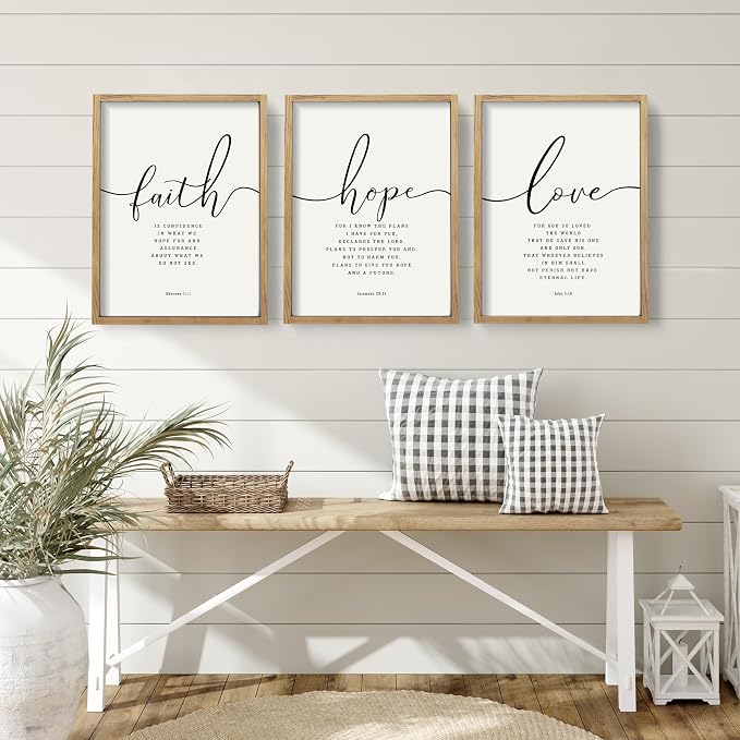 Houmury 3PCS Framed Faith Hope Love Bible Verses Wall Art Farmhouse Religious - Image 4