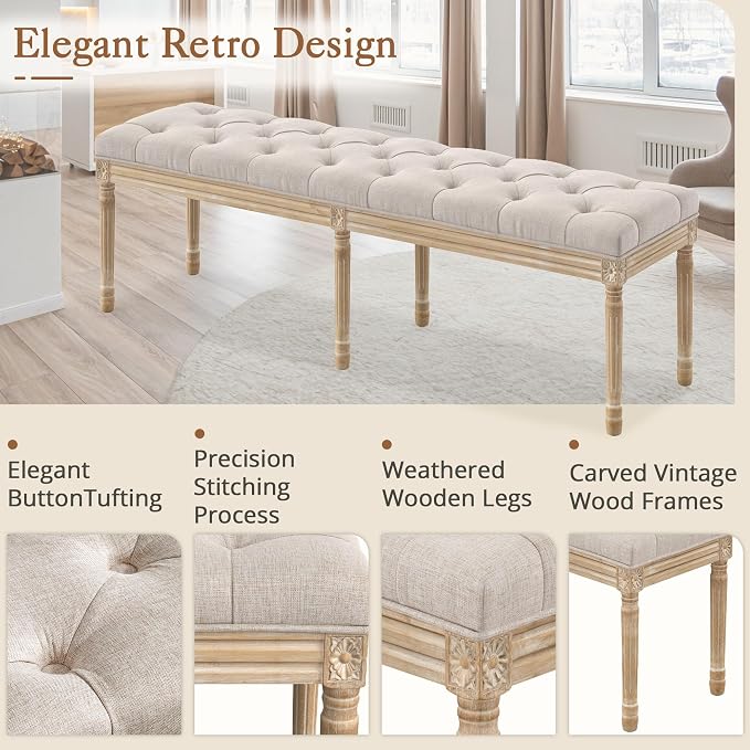LUE BONA 60" Fabric End of Bed Bench, Upholstered Tufted French Bedroom Bench - Image 5