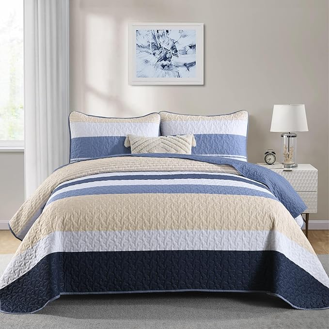 Dinjoy California King Boho Striped Quilt Set, Breathable All-Season, 3-Piece by DINJOY