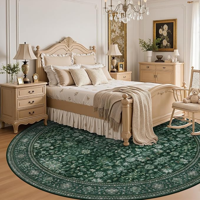 Round Area Rug for Living Room: 8ft Boho Washable Rug Deep Green | Vintage Boho - Image 4
