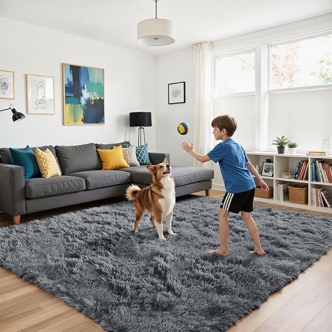 Grey 10x14 Area Rugs for Living Room, Fluffy Shag Rug Large Bedroom Carpet | - Image 5