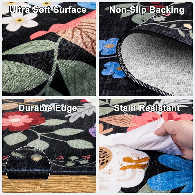 PLHXFR Area Rug 10x12 Living Room: Floral Washable Boho Soft Carpet Black | - Image 6