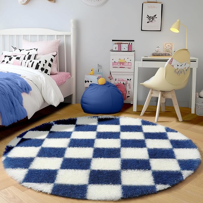 KICMOR Round Rugs 5ft Blue and Cream White Circle Area Rug, Fluffy Soft Fuzzy - Image 3