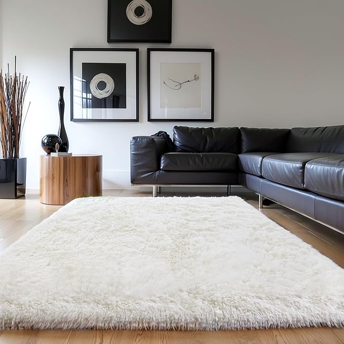 KICHOWUA 4x6 Thick Cream White Fluffy Shag Plush Washable Rug - Image 6