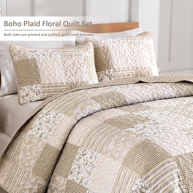 Mybedsoul Beige Boho Quilt Set Full Size, 3 Pieces Plaid Floral Bedspread Set - Image 2