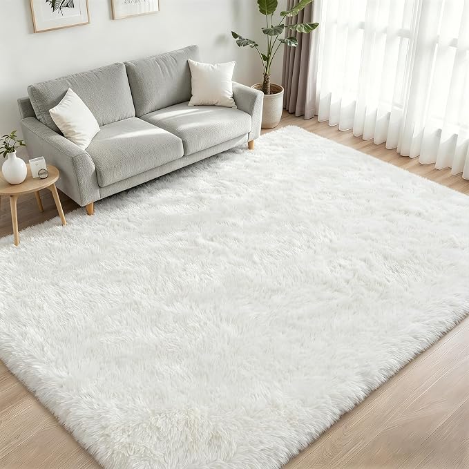 Area Rug Living Room Bedroom: 5x7 Fluffy Plush Shag Carpet Ivory | - Image 2