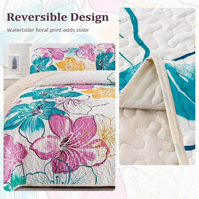 DJY Romantic Pink Teal Quilt Set King Size, 3 Pieces Colourful Floral Bedspread - Image 4