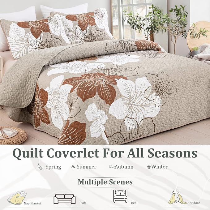 DJY Quilt Queen Size, Fall Taupe Floral Boho Bedspread Bedding Set 3 Pcs | - Image 2