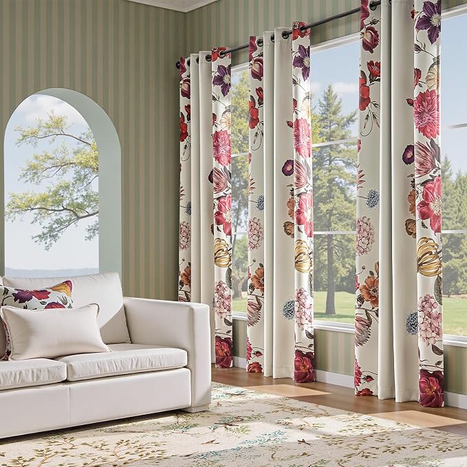 jinchan Beige Floral Blackout Curtains 96 Inch Vintage Grommet 2 Panels | Room - Image 6