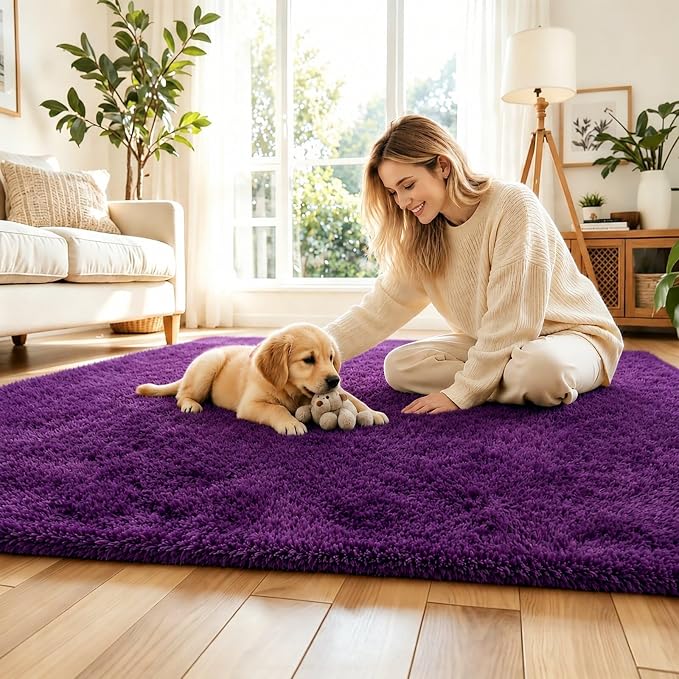 5x8 Grape Purple Shag Area Rug for Living Room, Fluffy Plush Carpet | Non-Slip - Image 2