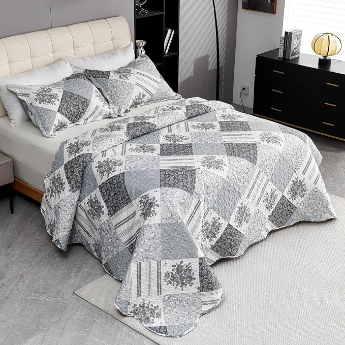 Cmfshape Summer Floral Queen Bedspread, Romantic Grey Quilt Set Full, - Image 3