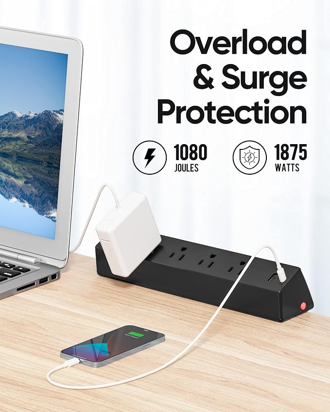 Desk Clamp Power Strip, 4 AC Outlets 4 USB Ports, Fit 1.7in Tabletop Edge | PD - Image 3