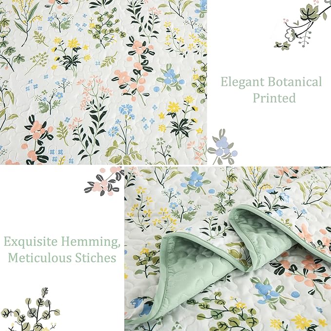 Anibedding Floral Quilt Set Queen Size Green Print Bedspread Coverlet Set | - Image 6