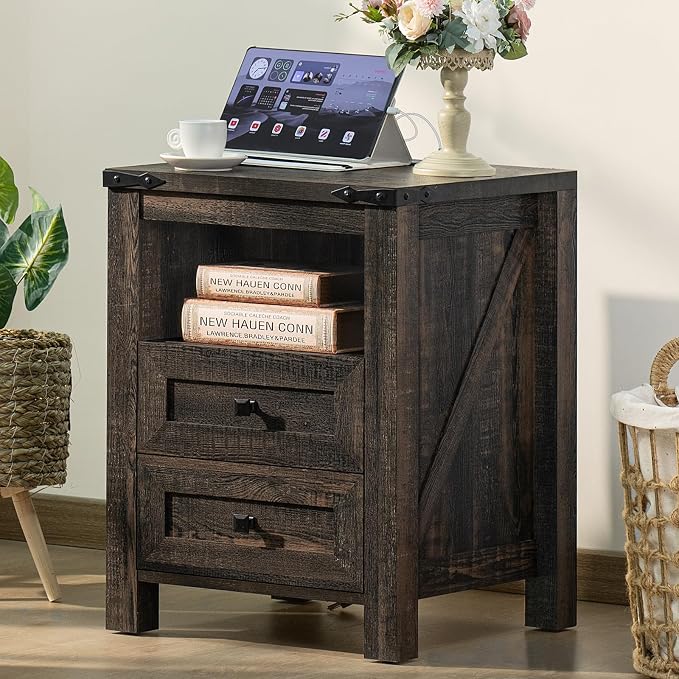 Joaxswe Nightstand with Charging Station and 2 Drawers, Farmhouse | Dark Drey - Image 3