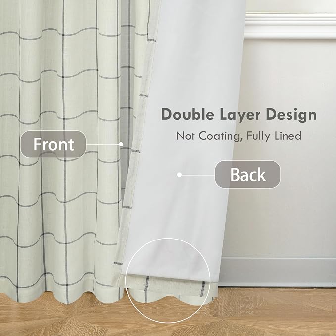 DriftAway 100% Blackout Windowpane Plaid Linen Curtains 36 Inches Black | - Image 4