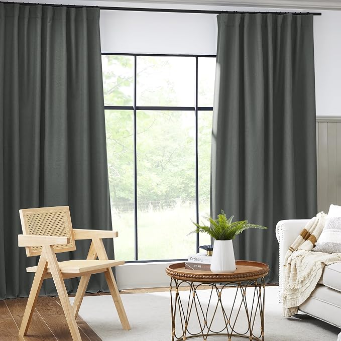Grey Pleated Curtains 2 Panels Set, Full Blackout Linen Curtain Drapes - Image 2