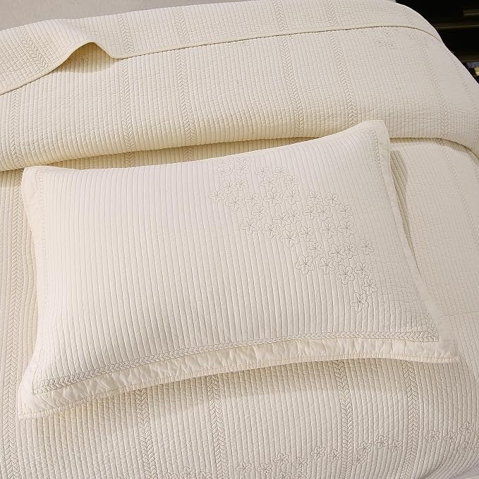 ROOMLIFE Quilt Set Queen Size 3D Floral Embroidery Pattern 3-Piece Cotton - Image 4