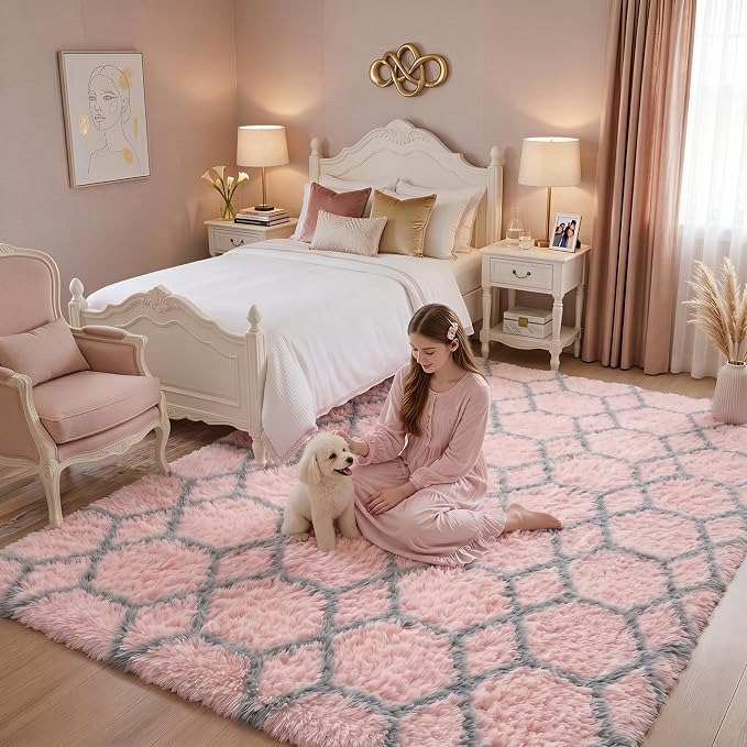 Rugs for Living Room Bedroom, 5x8 Fluffy Pink and Grey Area Rug, Geometric Boho - Image 6