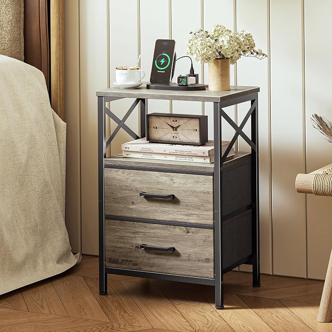 Huuger Night Stand with Charger Station, USB-C Port, End Table | 2 Drawer - Image 2