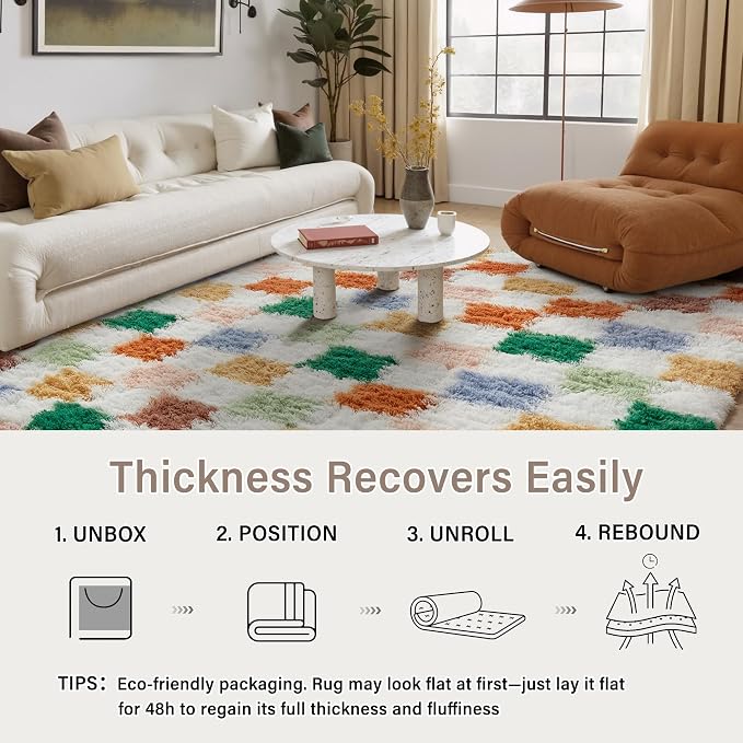Colorful Area Rug 9x12 for Living Room Soft Checkered Shag Carpet | Machine - Image 6