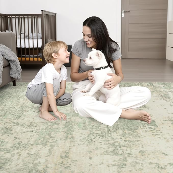 10x12 Area Rug Living Room: Modern Washable Soft Carpet Green Cream | - Image 9