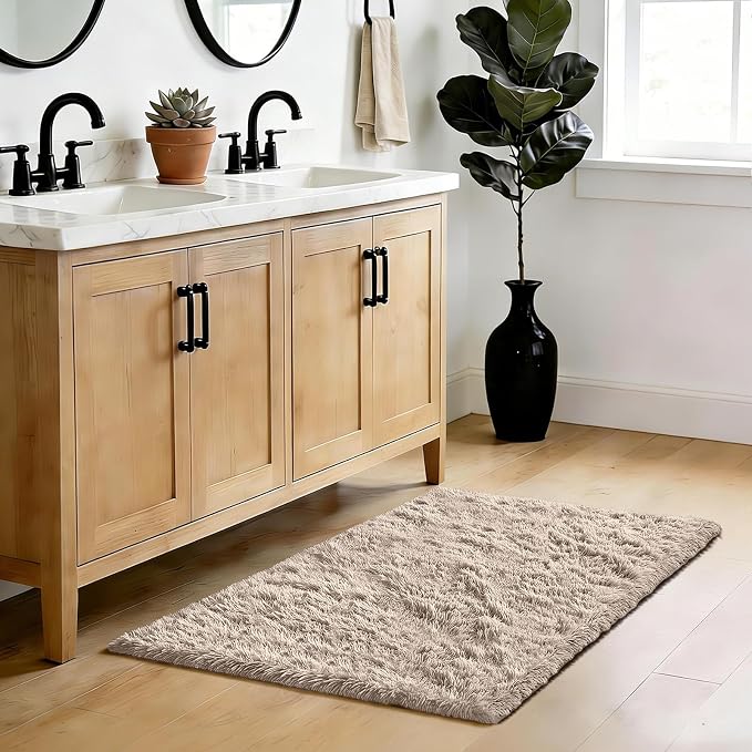 Beige 2x4 Area Rugs for Bedroom, Fluffy Shag Rug Small Rug Bedside Carpet | - Image 2
