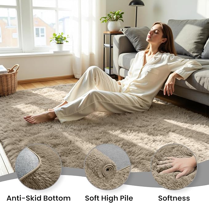6x9 Fluffy Area Rug for Living Room: Non-Slip Grey Camel Bedroom Carpet | Ultra - Image 5