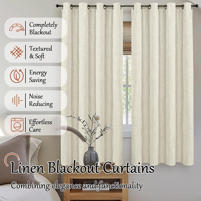 Natural Linen Blackout Curtains 63 Inch Long Each 60 Wide 2 Panels | Thermal - Image 2