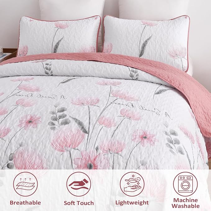Dinjoy Pink Quilt Set Full, Floral Botanical Bedspread - Image 3