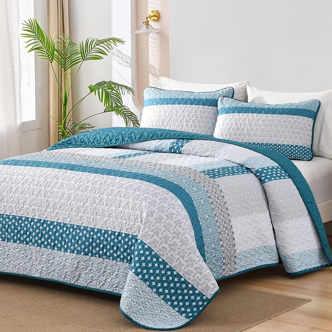 WONGS BEDDING Teal Blue Queen Size Quilt Set, Boho Striped Bedspread | 3 Pieces by WONGSBEDDING
