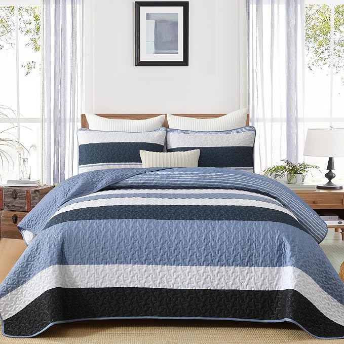 Dinjoy King Boho Striped Quilt Set, Breathable All-Season, 3-Piece Set Fits by DINJOY