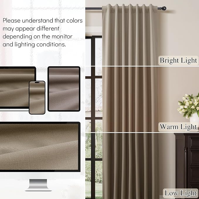 Light Camel Linen 100% Blackout Curtains 96 Inch Long 2 Panels Set Back Tab - Image 7
