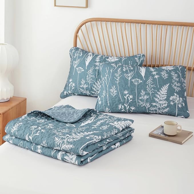 JANZAA Twin Quilt, Mineral Blue Quilt Floral Bedspread 2 Pcs Bedding Set | Boho - Image 9