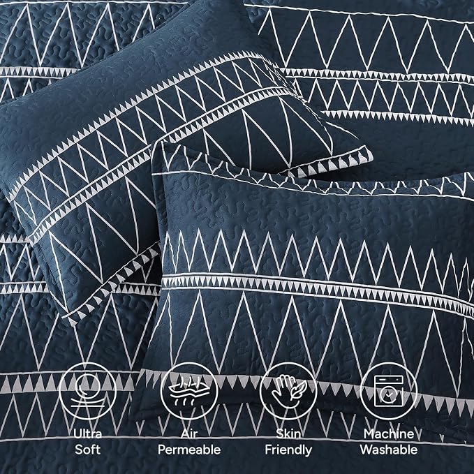 Navy California King Quilt Set, 3 Pieces Boho Striped Bedspread | Soft - Image 5