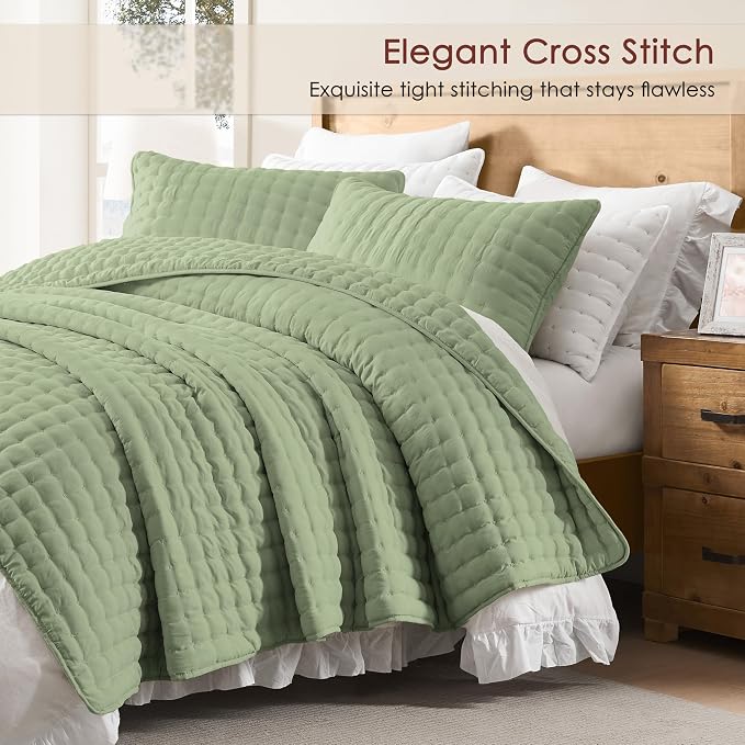 WDCOZY Sage Green Cloud Quilt Set Queen Size, Lightweight Soft Cross Stitch - Image 3