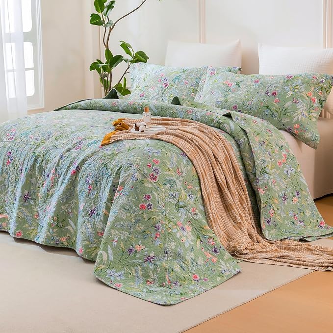 QSH 3Pcs Green Floral Quilt Oversized Queen Size -100% Cotton Quilt Oversized - Image 2