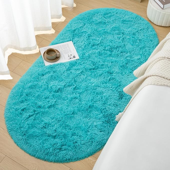 Goideal Fluffy Bedroom Rug, Small Oval Area Rugs, Teal Shag Bedside Carpet - Image 4