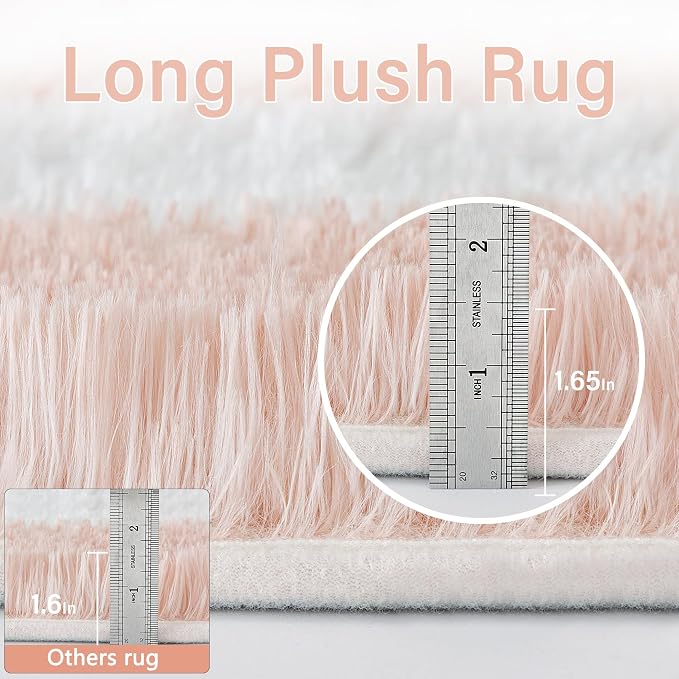 Pink Round Rug 6ft for Bedroom Soft Fluffy Checkered Shag Carpet | Machine - Image 5