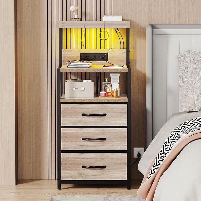 SZLHANJZ LED Night Stand with Charger Station, 3 Fabric Drawers, Greige | - Image 7