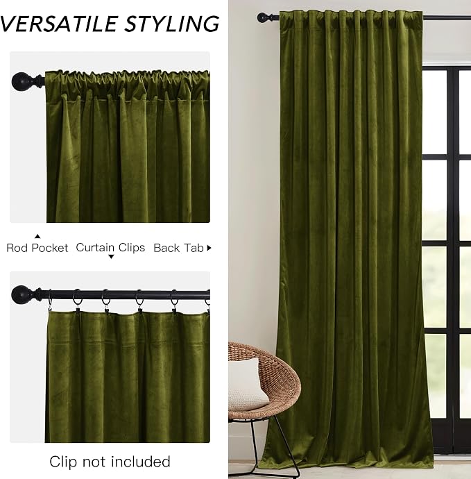 RYB HOME Moss Green Velvet Blackout Curtains 84 inches Long - Image 3