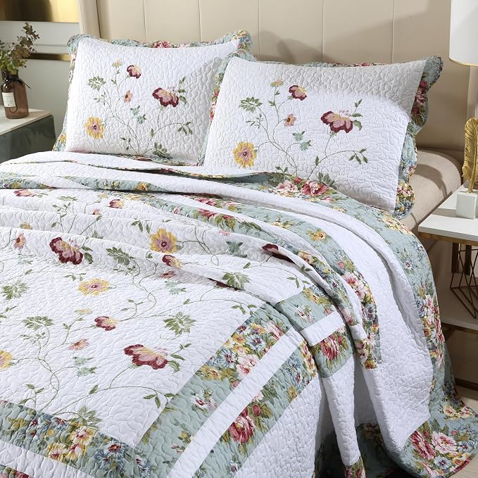 ROOMLIFE 100% Cotton Quilt Set Full Elegant Floral Embroidery 3-Piece | - Image 3