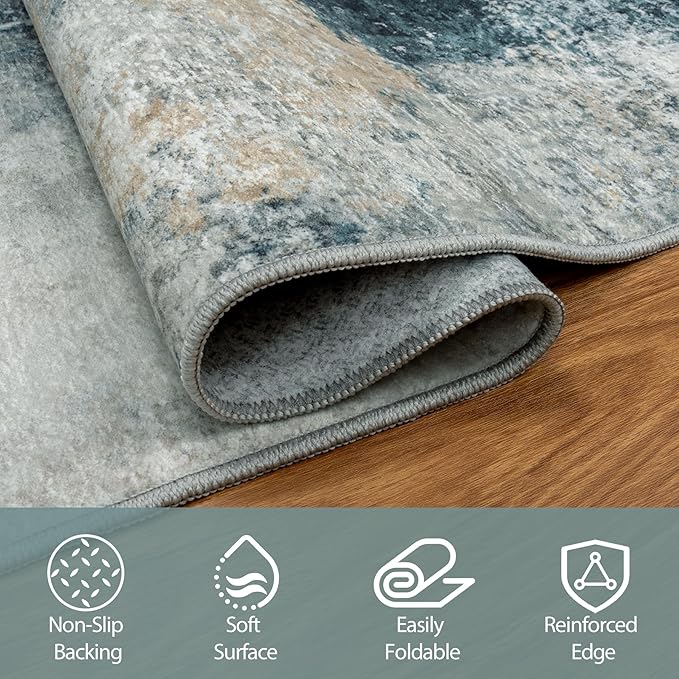 5x7 Area Rugs for Living Room Washable Bedroom Dining Room Teal Grey Gold | - Image 4