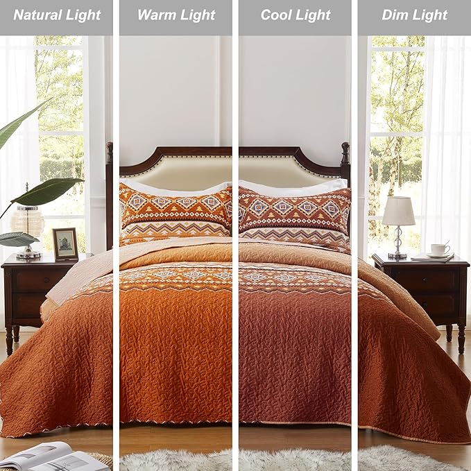 2 Pieces Twin Size Quilt Set Burnt Orange Rust Bohemian Bedspread Coverlet - Image 2