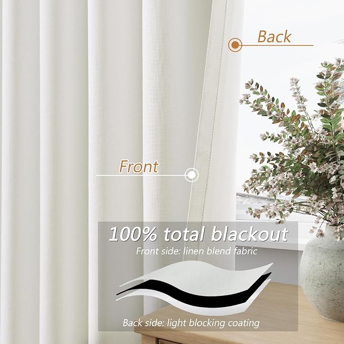 Ivory 100% Blackout Linen Curtains 72 Inch Length 2 Panels Set - Image 4