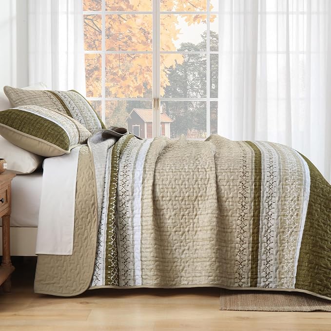 Cottolester Brown California King Quilt Set, Striped Texture Bedspread 3 Pcs | - Image 3